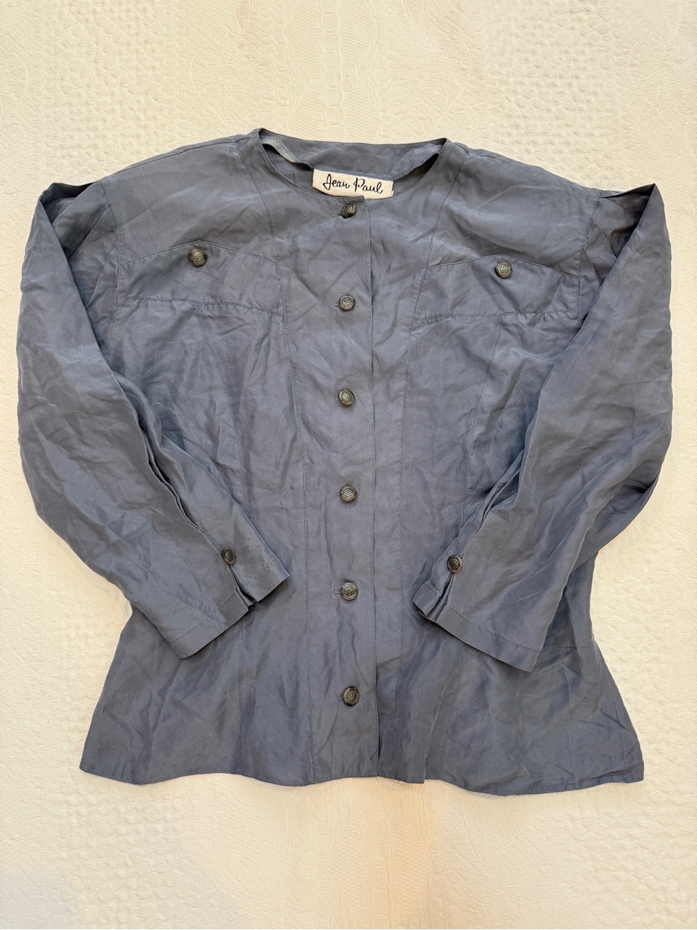 Jean Paul 100% Silk Women’s Jacket Gray Blue Peplum Tailored Utility Vintage M/L